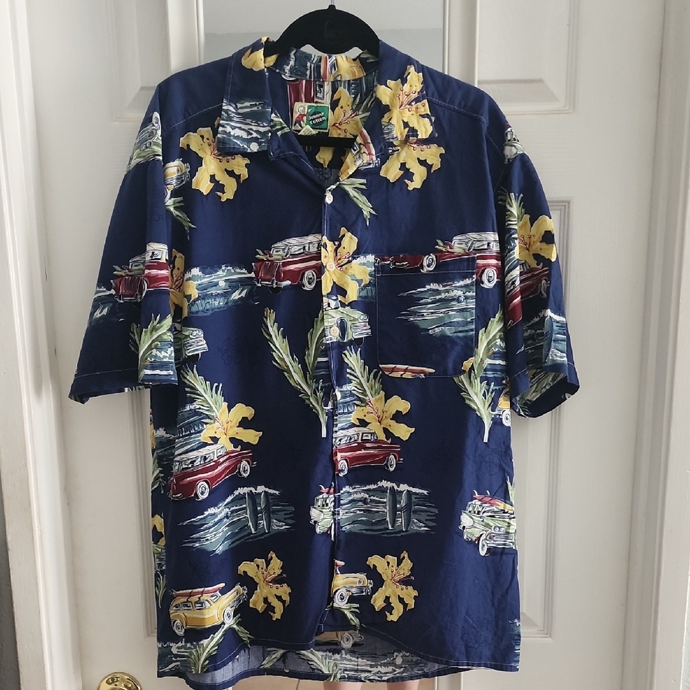 Johnny Cotton Vintage Hawaiian Shirt – Woody Car & Hibiscus Print Blue Button-Up